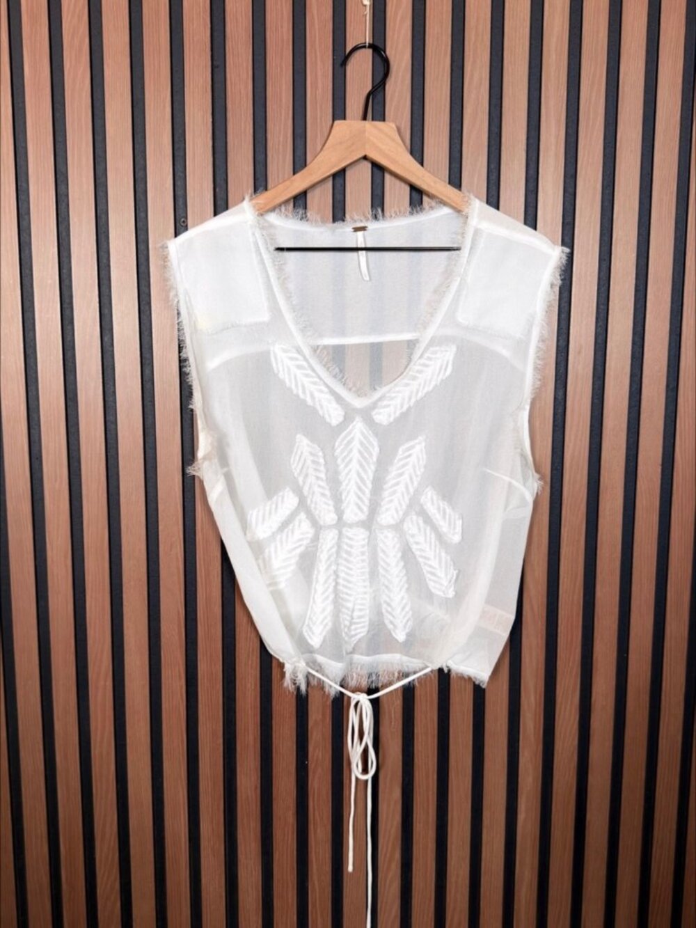 Free People Tank Top Large Women’s White Frayed Mesh V Neck Textured Waist Tie - Picture 1 of 7
